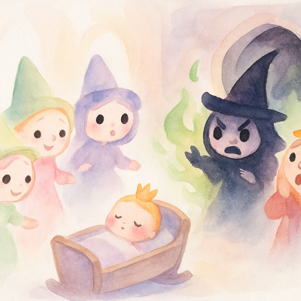 착한 요정들이 공주에게 선물을 주고, 나쁜 마녀가 화를 내며 저주를 거는 장면